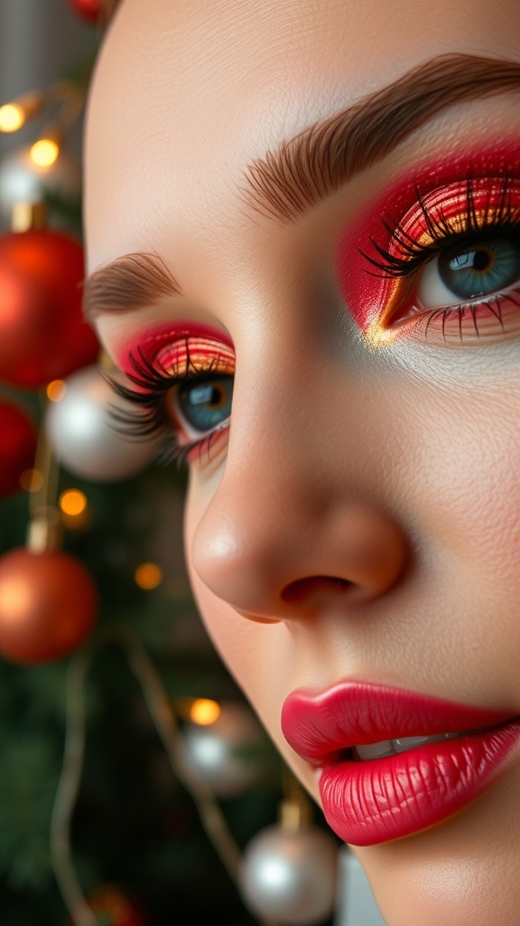 Close-up of festive under eye makeup with bright eyeshadow and mascara, surrounded by Christmas decorations.